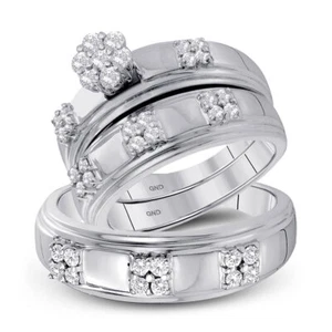 14kt Yellow Gold His Hers Round Diamond Cluster Matching Bridal Wedding Rin - Picture 1 of 3