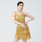 Lady Latin Dance Costume Top Skirt Dancewear Salsa Rumba Tassel Club Gold