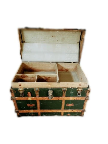 Antique Flat Top Wood Canvas Covered Steamer Trunk W Divided Tray & Wheels N.Y Cover