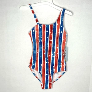 Cat & Jack Girls Stars & Stripes Asymmetrical Sleeve 1 Pc Swimsuit S (6/6X) New! - Picture 1 of 10