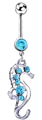 Blue rhinestone dangle seahorse belly button ring body jewelry navel steel 14g  - Image 1 of 2