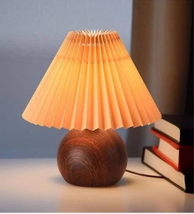 Small Wood Base Table Lamp Bedroom Walnut Color Pleated Shade Cozy Glow - Picture 1 of 6