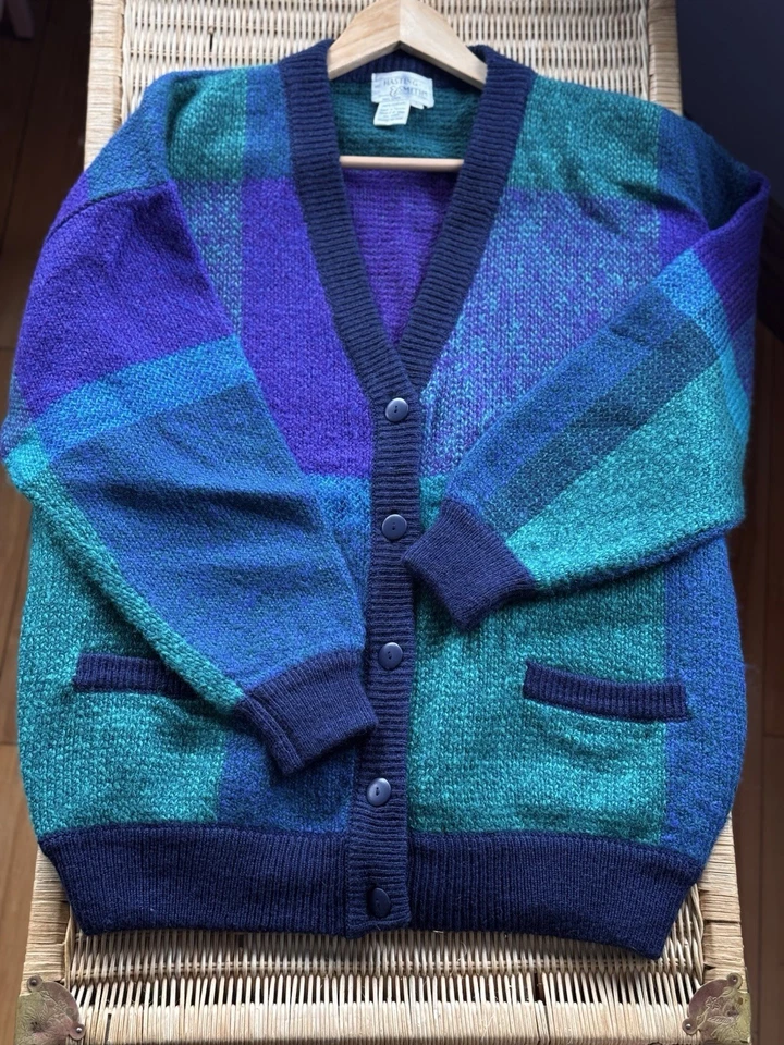 Cárdigan Suéter Vintage Años 80’s/90’s Acogedor Retro Bloque de Color Cuello en V Talla Grande Foto 1 de 4