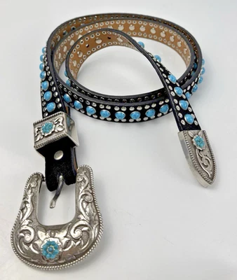 "Cinturón de cuero negro Nocona azul turquesa Western Boho vaquera hebilla brillante 48""" Foto 1 de 4