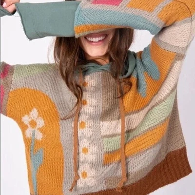 Suéter Natural Life Dreamer jacquard com capuz sorriso floral P/M - Imagem 1 de 4