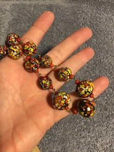 Vintage Glass Bead Necklace Venetian Murano Splatter Black Red Graduated Wire - Picture 1 of 9