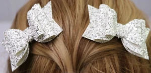 Set Of TWO White Glitter Pigtail Hair Bows Piggies Boutique Handmade - Picture 1 of 1