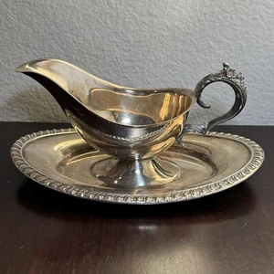 Vintage F B Rogers Silver Company Silverplate Gravy Boat w/ Attached Saucer - Picture 1 of 7