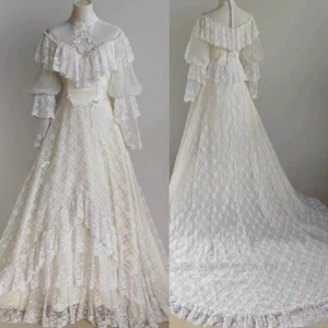 Vintage A-Line Wedding Dresses V-Neck Tiered Lace Ruffle Sweep Train Bridal Gown - Picture 1 of 14