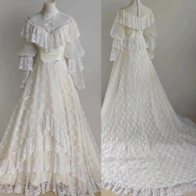 Vintage A-Line Wedding Dresses V-Neck Tiered Lace Ruffle Sweep Train Bridal Gown - Image 1 of 4