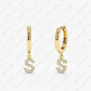 Pendientes de aro con inicial de diamantes naturales de oro amarillo de 14 k regalo para joyería de boda - Imagen 1 de 5