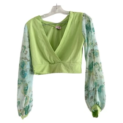 DOLCE VITA Women Lime Green Long Sleeve Floral Sheer Sleeves Crop TopBlouse-XS/S - Image 1 of 4