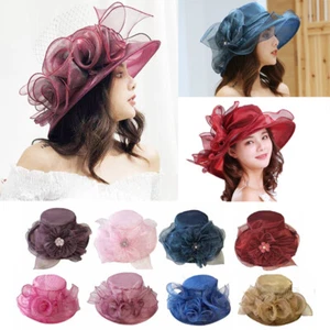 Women Fascinator Kentucky Derby Church Sun Hat  Wide Brim Organza Tea Party Cap - Picture 1 of 40