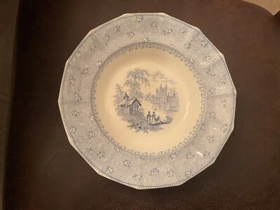 ANTIQUE TJ&J MAYER GARDEN SCENERY LONGPORT BLUE TRANSFERWARE SOUP BOWL 10 1/4" - Image 1 of 4
