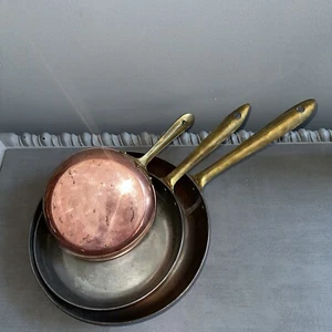 VINTAGE Set Of 3 Copper, Tin & Brass Handled SAUTE PANS Made In Italy 6,8,10” - Picture 1 of 21