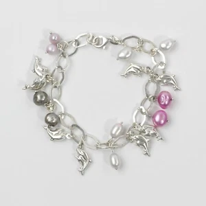 ADORABLE STERLING MULTI-COLOR PEARLS & DOLPHINS DANGLES ROLO CHAIN BRACELET 7.5" - Picture 1 of 5