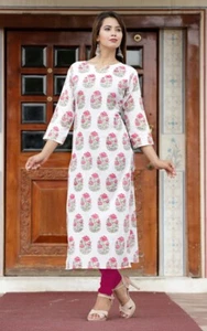 Block Printed White Straight Kurta India Pakistani Women's Casual Top - Picture 1 of 5