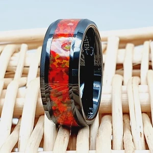 Black Tungsten Red Fire Opal Inlay Wedding Band Men's Opal Tungsten Wedding Ring - Picture 1 of 8