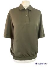Theory Khaki green silk collar short sleeve elastic waist polo top blouse L