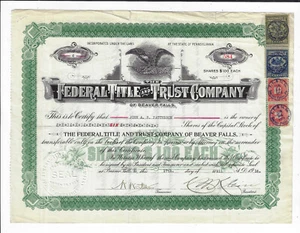 PENNSYLVANIA 1916 Federal Title & Trust Co of Beaver Falls Stock Certificate - Picture 1 of 2