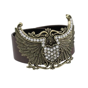 Zeckos Brown Vinyl Winged Rhinestone Heart Bracelet - Picture 1 of 3