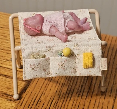 3 Inch Micro Miniature Full Body SILICONE BABY Girl w/ Maileg Nursery Table! - Image 1 of 4