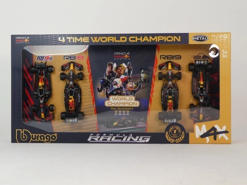 Burago F1 Red Bull set Max Verstappen 4 time World Champion 1/43 18-38213 - Immagine 1 di 1
