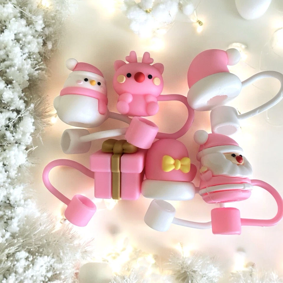 6 Pink & White Straw Toppers for Cups Tumblers Christmas Theme Santa Snowman New - Image 1 of 1
