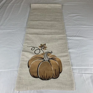 Table Runner Embroidered Fall Thanksgiving Autumn Pumpkins Beige Copper 70 x 13 - Picture 1 of 7