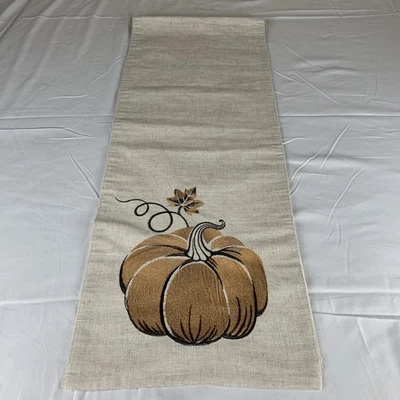 Table Runner Embroidered Fall Thanksgiving Autumn Pumpkins Beige Copper 70 x 13 - Image 1 of 4
