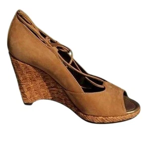 Donald Pliner Camel Suede Leather New Peep Toe Platform Wedges Shoes NWT $235 - Picture 1 of 5