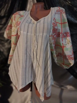 VTG 70S COTTAGE PRAIRIE COUNTRY SOUTHERN BOHO ZIP SIDE WING SLV BLOUSE LINEN XS - Image 1 of 4