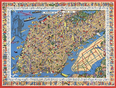 Early Pictorial New York Manhattan Map Subway System Wall Poster Vintage History - Image 1 of 2