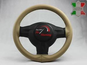 FOR GMC SIERRA 14-18 BEIGE LEATHER STEERING WHEEL COVER DARK GREEN STIT - Picture 1 of 5