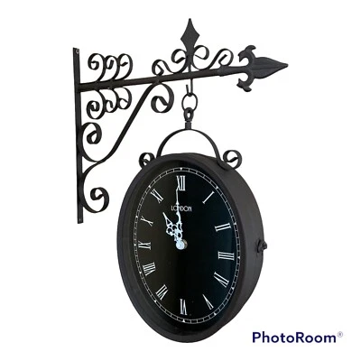 London Double Sided Train Station OVAL Wall Clock Brown Metal Scroll Bracket - Image 1 of 4