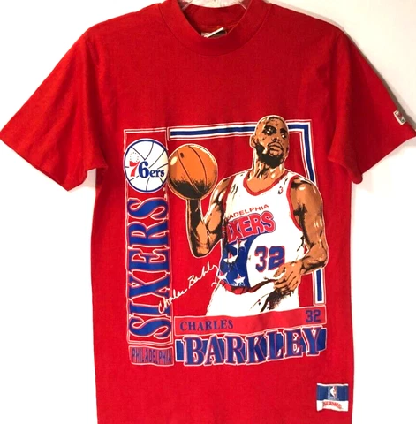 CHARLES BARKLEY #32 Caricature Stats 76ers Vintage Nutmeg NBA 90s Red T-Shirt M Cover