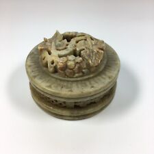 Vintage Carved & Pierced Soapstone Box Leaf Decorated Round 5.5cm In Height 