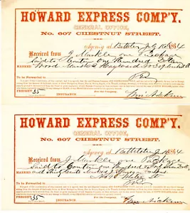 LOTE DE 2 RECIBOS DE CABEZA DE BILLETE DE 1864 - HOWARD EXPRESS COMPANY - FACTURA DE FLETE - PHILA - Imagen 1 de 1
