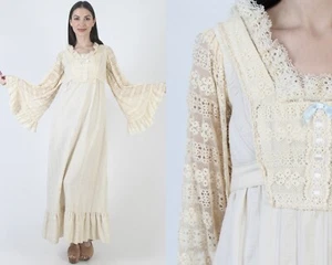 Vtg Cottagecore Kimono Angel Sleeve Dress Boho Seersucker Off Wht Lace Maxi - Picture 1 of 7