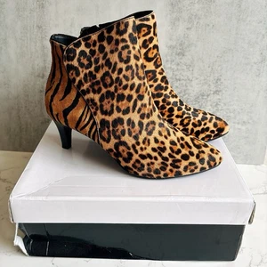 Alfani Step Flex Real Dyed Calf Fur Leopard Print Brown/Black Heel Boots 7W NEW - Picture 1 of 7