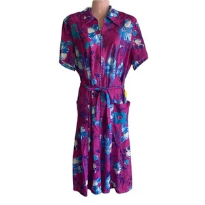 Vintage 1970s Dress Women's Size 24-1/2"  Zip Front Polyester Knit Purple Floral - Picture 1 of 7