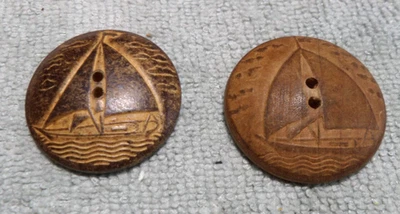 2 Vintage Wood Picture Buttons SAILING SAIL BOATS - Image 1 of 4