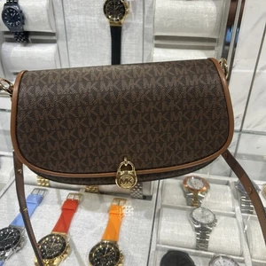 MICHAEL KORS MILA MEDIUM FLAP CROSSBODY MK LOCK SHOULDER BAG PURSE BROWN LOGO - Picture 1 of 18