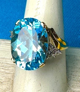 Fabulous 8.19g 14k Solid Yellow Gold Natural Blue Topaz w/Diamond Accent Ring s8 - Picture 1 of 9