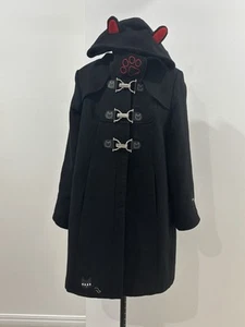 Azona A02 hooded coat size L Black Wool blend metal clasp cat lovers meow rocks - Picture 1 of 24