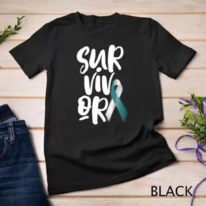 Camiseta unisex de sobreviviente de cáncer cervical blanca azulada cinta de concienciación - Imagen 1 de 16