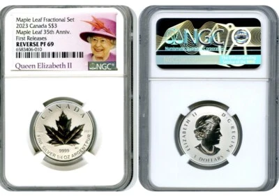2023 QUEEN ELIZABETH $3 1/4 OZ CANADA SILVER PROOF NGC PF69 35TH MAPLE LEAF - FR - Image 1 of 3