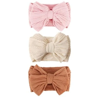 3 Pcs Handmade Baby Girls Bows Headbands Soft 3 Pcs: Beige/Orange/Light Pink - Image 1 of 4