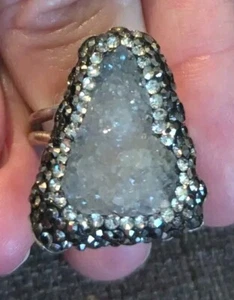 Druzy Quartz Sterling Silver Ring Size 6 Artisan Statement Marcasite Sparkle - Picture 1 of 14