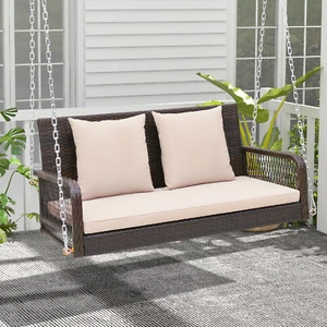 Patio Wicker Porch Swing 2-Person Hanging Loveseat Bench Chair w/ Cushions - Picture 1 of 14
